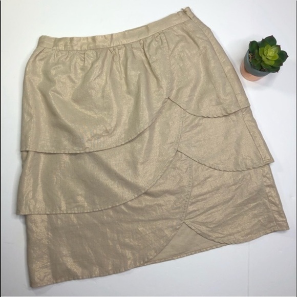 ANTHROPOLOGIE EDME & ESYLLTE Gold Shimmer Gilded Lily Linen Tiered Midi Skirt 8 - Picture 3 of 7